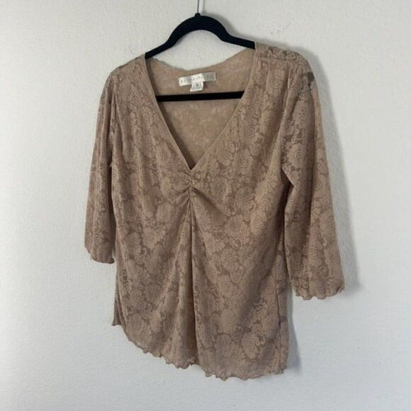 Bettie Page Retro Pin-up Nude Beige Floral Lace Blouse Sheer Back Top Large - Picture 5 of 11